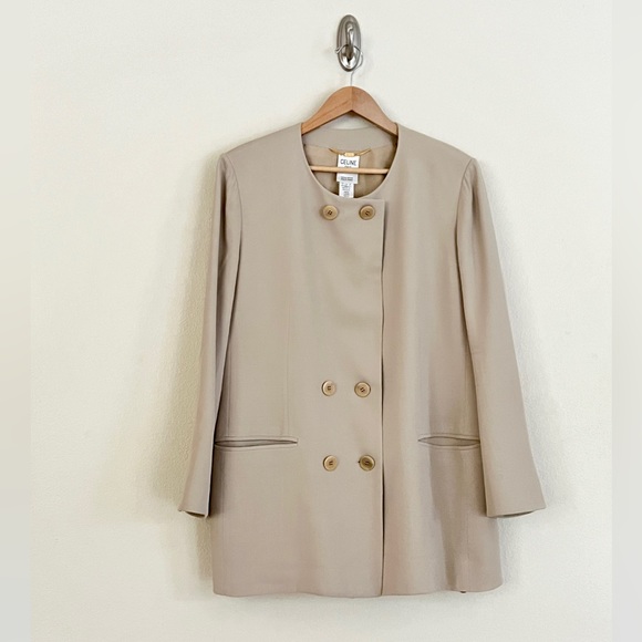 Vintage CELINE 100% Wool Double Breasted Blazer + Wide Leg Pants SET in Beige - Picture 3 of 15